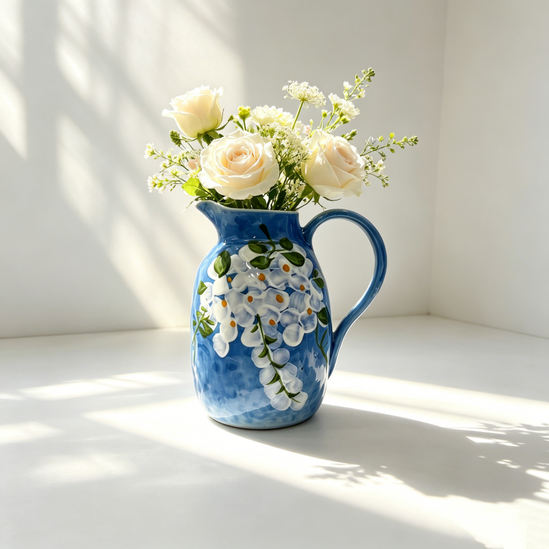 astrocera hand painted ceramic pitcher vase, farmhouse floral decor jug vase for table centerpiece home decor