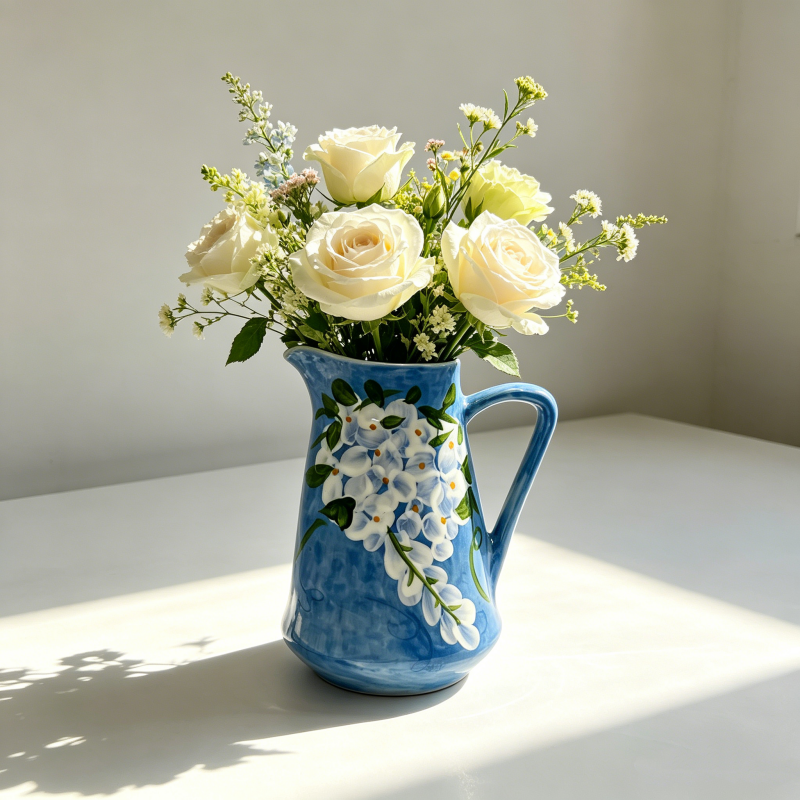 astrocera hand painted blue ceramic vase, handcrafted floral pitcher vase, rustic decorative pottery vase for home table centerpiece