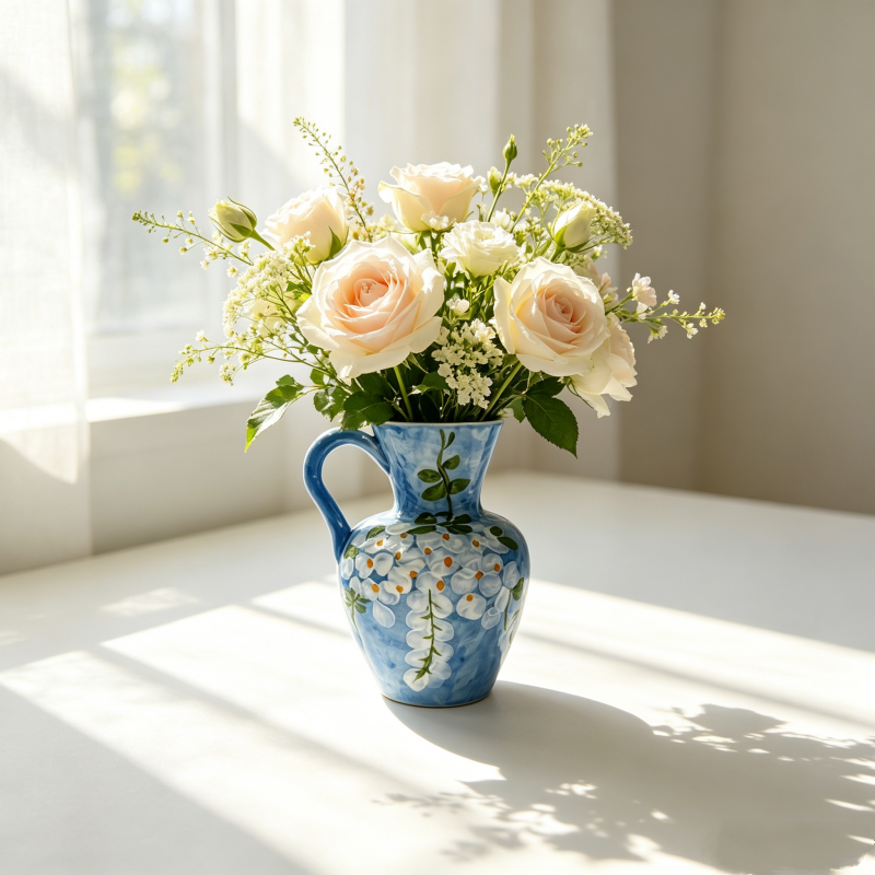 astrocera hand painted blue ceramic vase, handcrafted floral pitcher vase, rustic decorative pottery vase for home table centerpiece