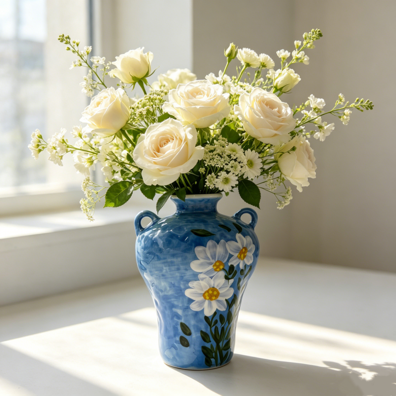astrocera hand painted blue ceramic vase, handcrafted floral pitcher vase, rustic decorative pottery vase for home table centerpiece