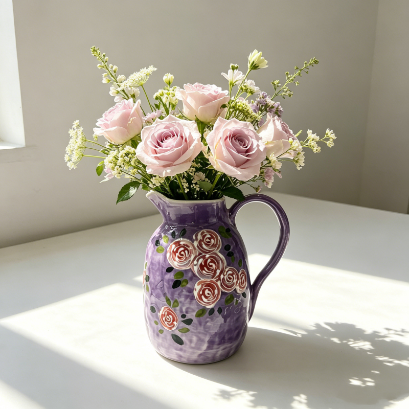 astrocera hand painted ceramic pitcher vase, farmhouse floral decor jug vase for table centerpiece home decor