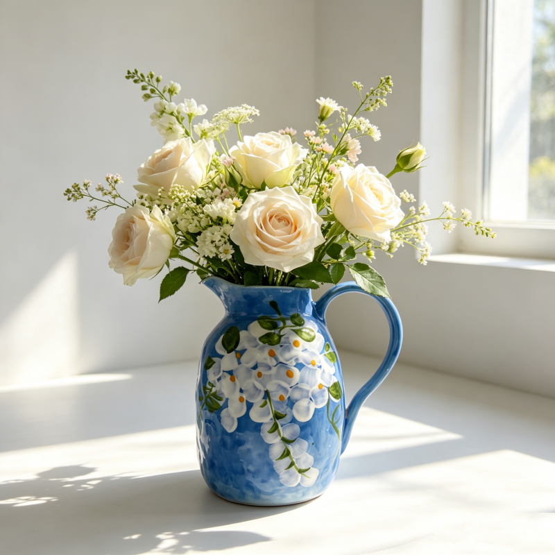astrocera hand painted ceramic pitcher vase, farmhouse floral decor jug vase for table centerpiece home decor