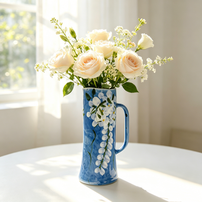 astrocera hand painted blue ceramic vase, handcrafted floral pitcher vase, rustic decorative pottery vase for home table centerpiece