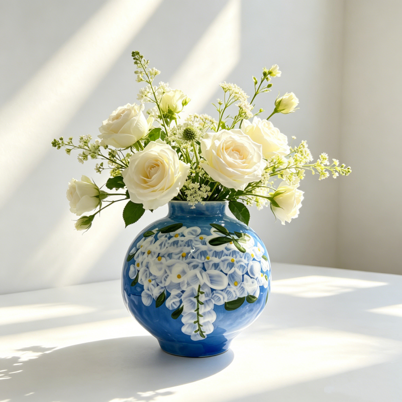 astrocera hand painted blue ceramic vase, handcrafted floral pitcher vase, rustic decorative pottery vase for home table centerpiece