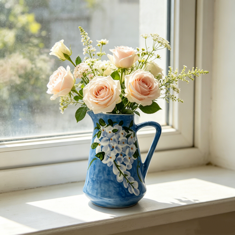 astrocera hand painted blue ceramic vase, handcrafted floral pitcher vase, rustic decorative pottery vase for home table centerpiece