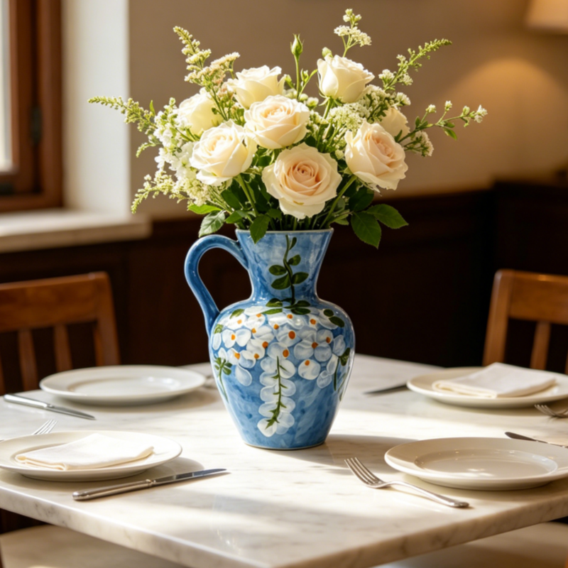 astrocera hand painted blue ceramic vase, handcrafted floral pitcher vase, rustic decorative pottery vase for home table centerpiece