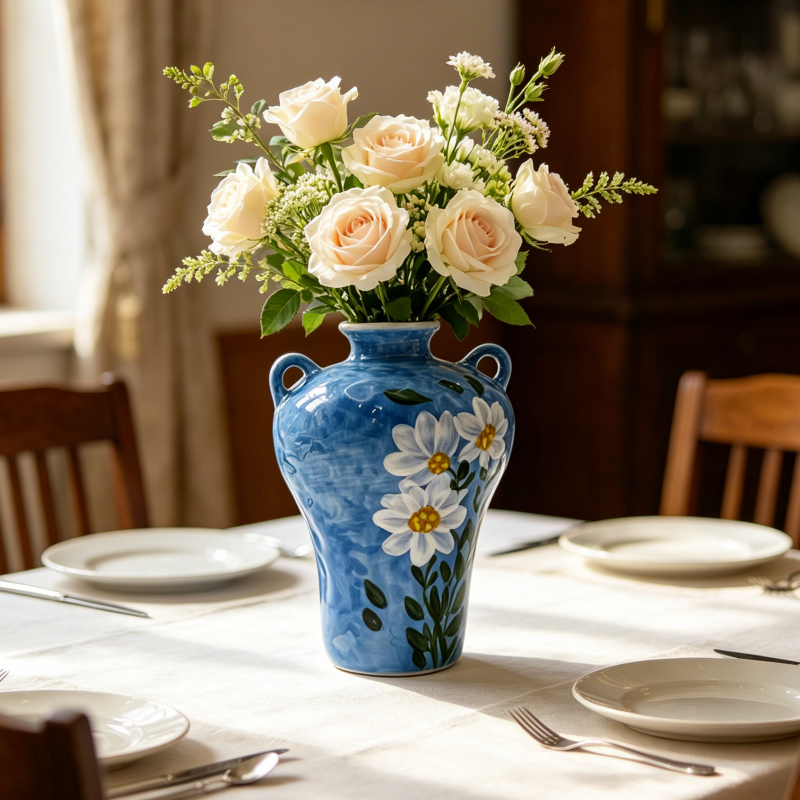 astrocera hand painted blue ceramic vase, handcrafted floral pitcher vase, rustic decorative pottery vase for home table centerpiece