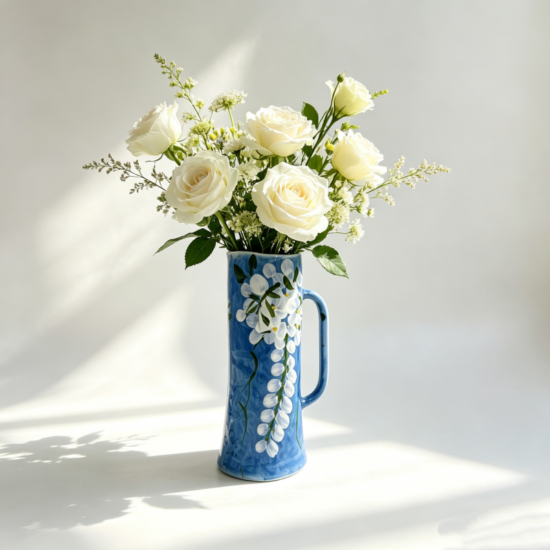 astrocera hand painted blue ceramic vase, handcrafted floral pitcher vase, rustic decorative pottery vase for home table centerpiece