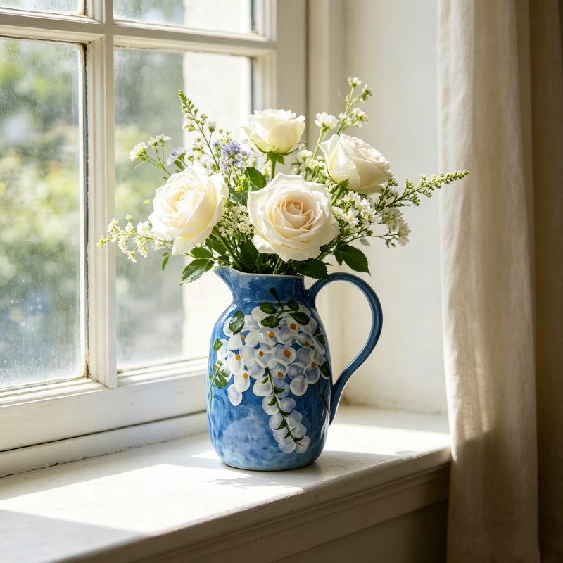 astrocera hand painted ceramic pitcher vase, farmhouse floral decor jug vase for table centerpiece home decor