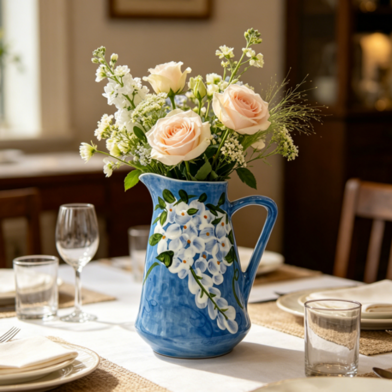 astrocera hand painted blue ceramic vase, handcrafted floral pitcher vase, rustic decorative pottery vase for home table centerpiece