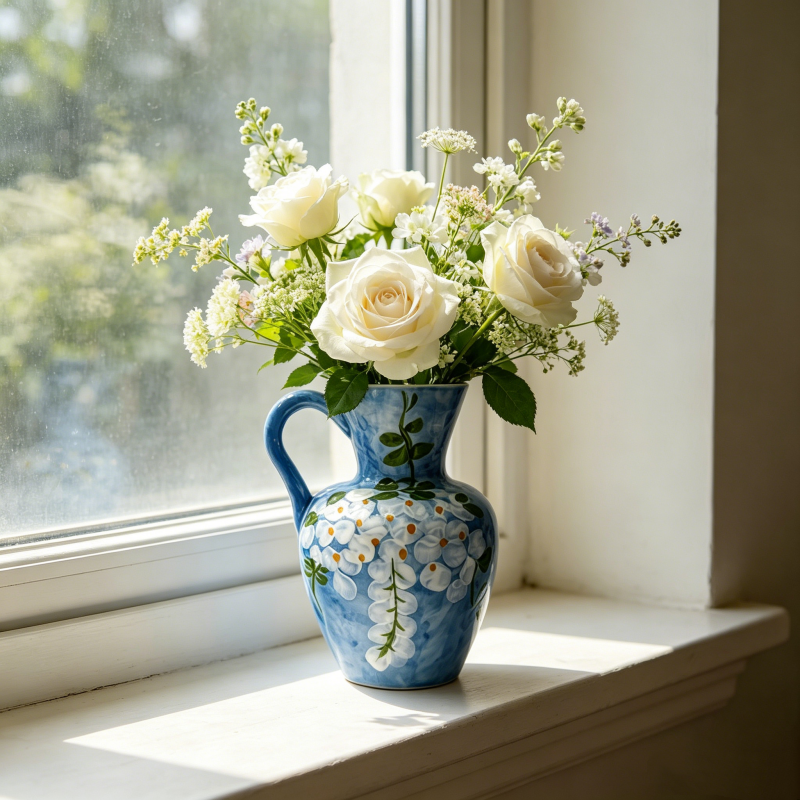 astrocera hand painted blue ceramic vase, handcrafted floral pitcher vase, rustic decorative pottery vase for home table centerpiece