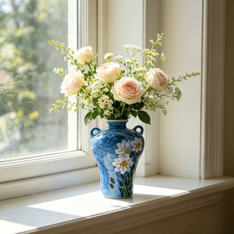 astrocera hand painted blue ceramic vase, handcrafted floral pitcher vase, rustic decorative pottery vase for home table centerpiece