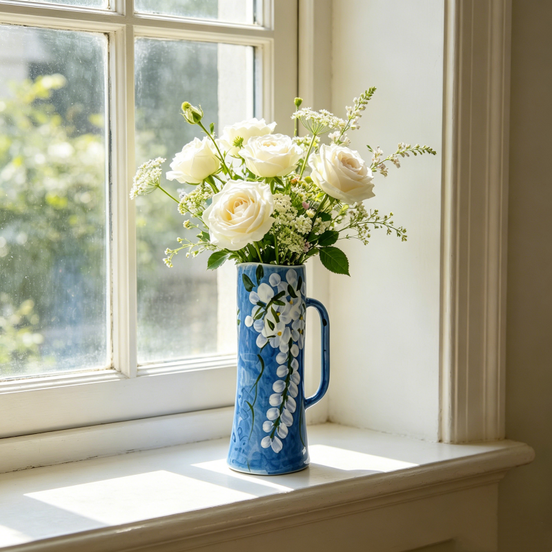 astrocera hand painted blue ceramic vase, handcrafted floral pitcher vase, rustic decorative pottery vase for home table centerpiece