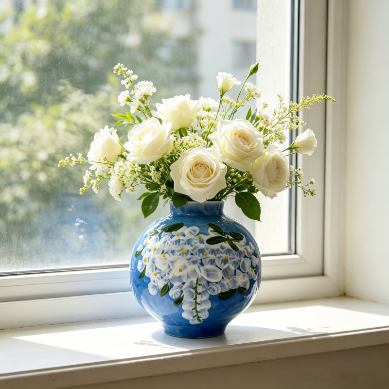 astrocera hand painted blue ceramic vase, handcrafted floral pitcher vase, rustic decorative pottery vase for home table centerpiece