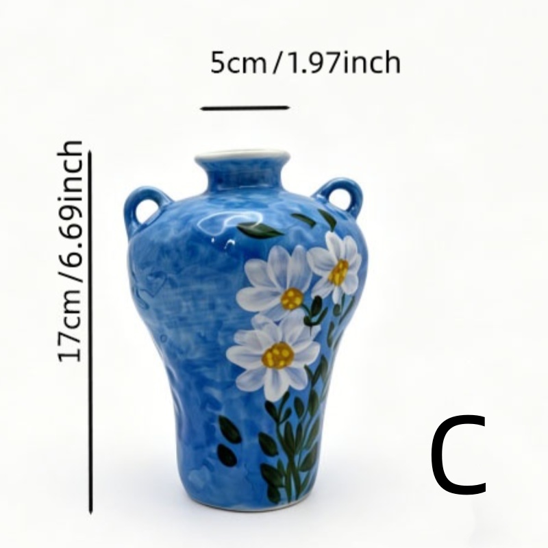 astrocera hand painted blue ceramic vase, handcrafted floral pitcher vase, rustic decorative pottery vase for home table centerpiece