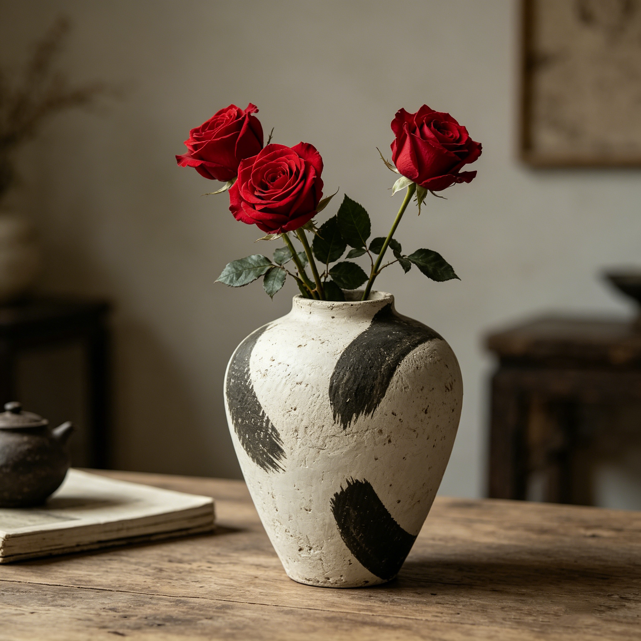 astrocera abstract brushstroke textured ceramic vase, modern black and white hand painted decorative vase for home table decor