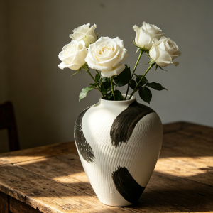 astrocera abstract brushstroke textured ceramic vase, modern black and white hand painted decorative vase for home table decor
