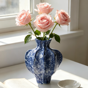 astrocera speckled blue glaze geometric ceramic vase, unique faceted decorative vase for living room entryway decor